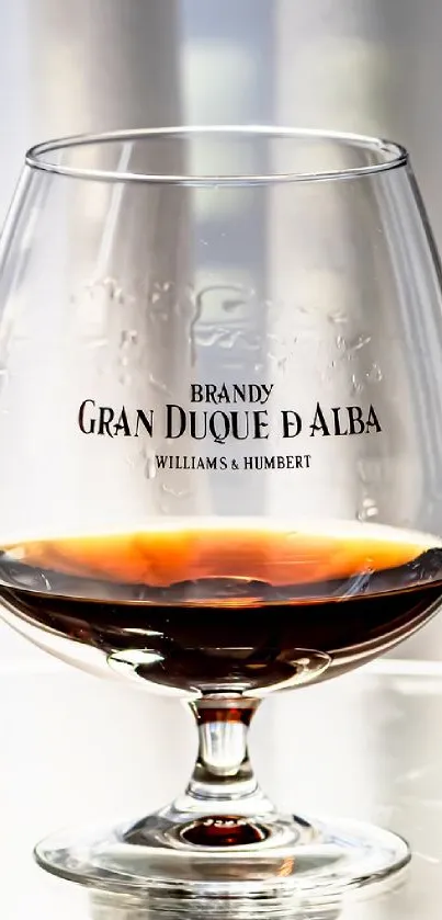 Close-up of Gran Duque d'Alba brandy glass with amber liquid.