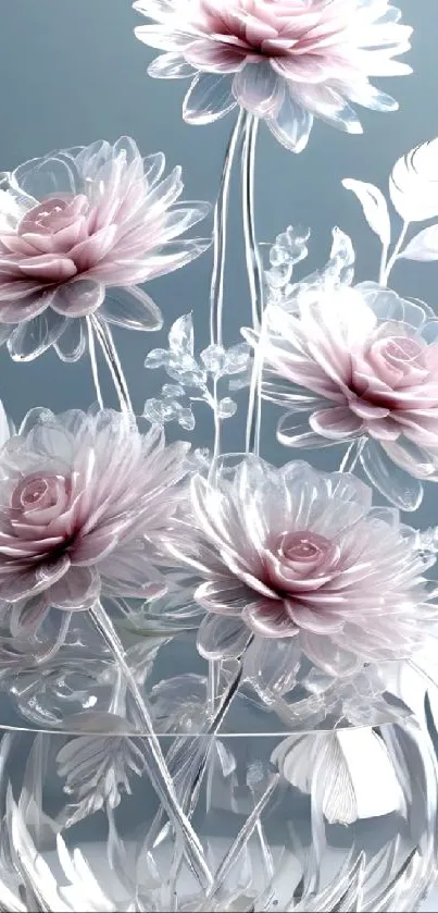 Elegant glass flower wallpaper with pink and white blooms in a crystal vase.