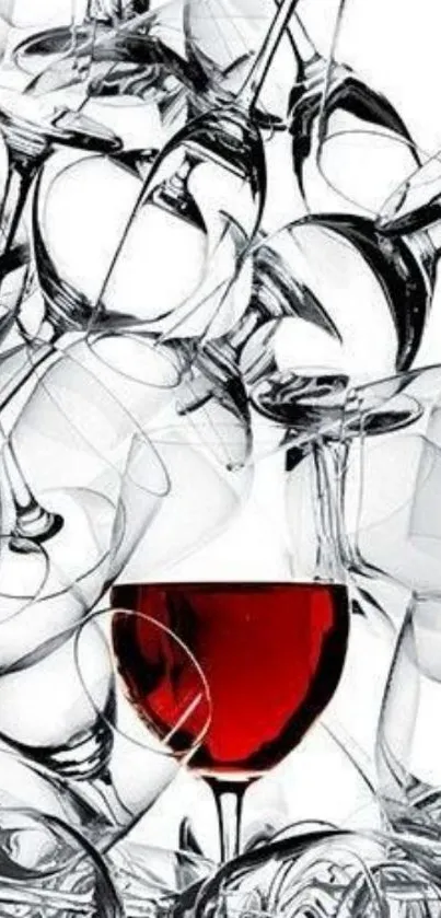 Abstract art wallpaper with red wine glass and transparent glasses.