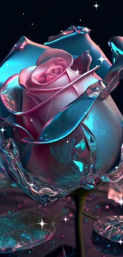 Elegant glass rose with blue and pink hues on a mobile wallpaper.