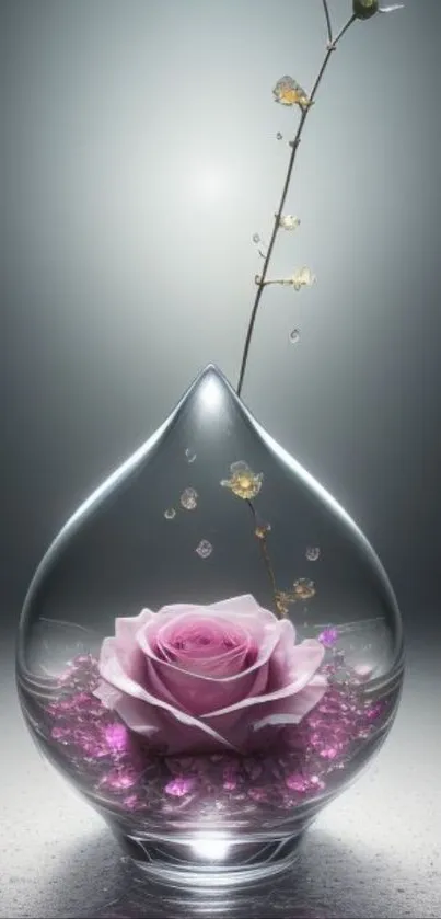 Elegant wallpaper with a purple rose in a glass vase.