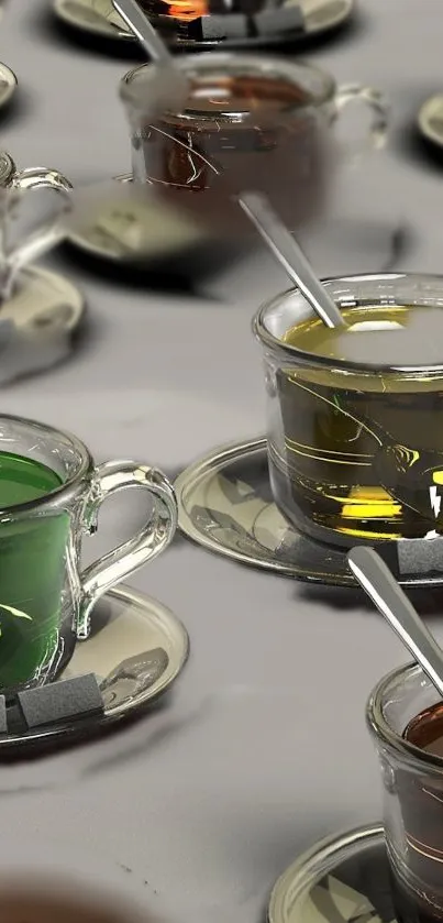 Elegant glass tea cups in various colors on a gray background.