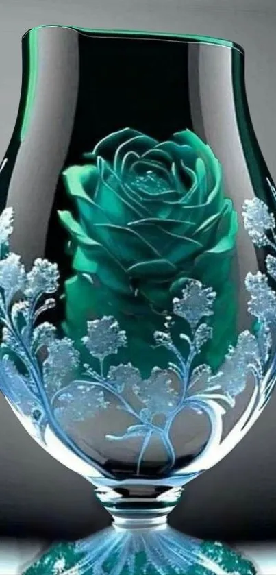 Glass vase with turquoise rose art wallpaper.