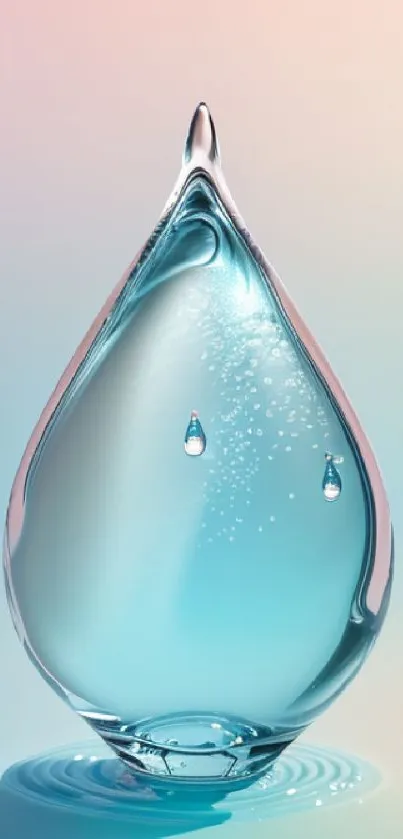 Elegant glass water drop art in aqua blue tones on mobile wallpaper.