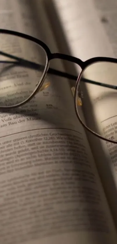 Eyeglasses resting on an open book, creating a vintage and serene ambiance.