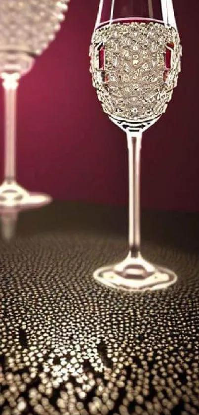 Elegant crystal glasses on a burgundy reflective surface wallpaper.