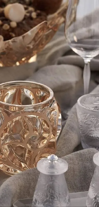 Elegant glassware on a festive table setting with a beige backdrop.