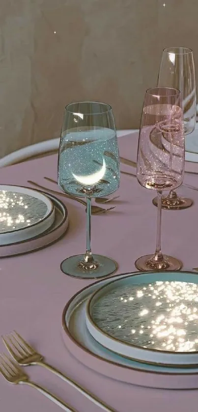 Elegant table set with glassware reflecting light.