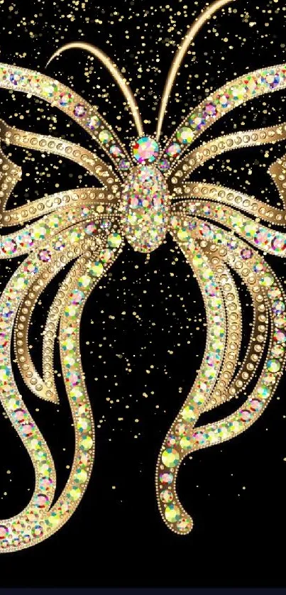 Glittering gold butterfly with intricate rhinestone details on a dark background.