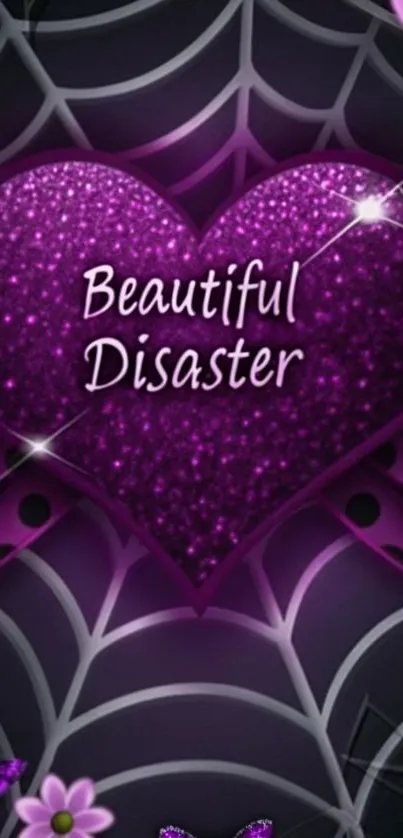 Elegant glitter heart design on purple web background.