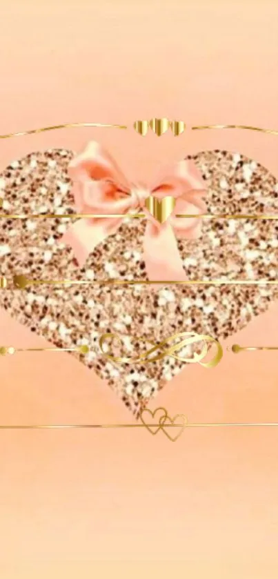 Peach wallpaper with glitter heart and pink bow.