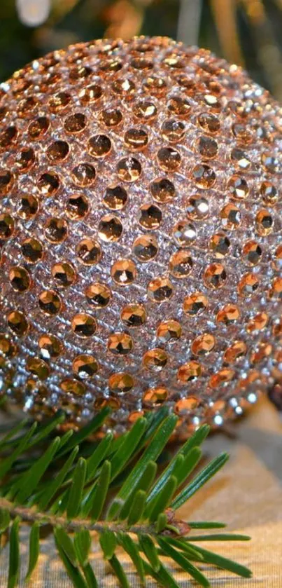 Sparkling gold ornament with green pine needles.