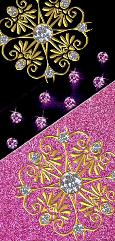 Glittering pink and black wallpaper with gold floral accents.