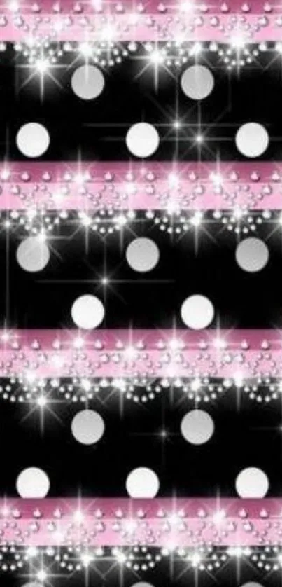 Elegant black, pink, and white polka dot wallpaper sparkling with glitter.