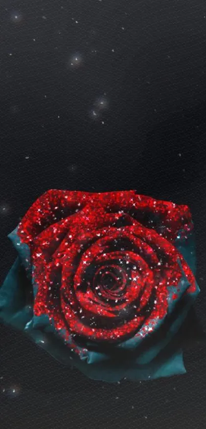 Red glitter rose on black wallpaper.