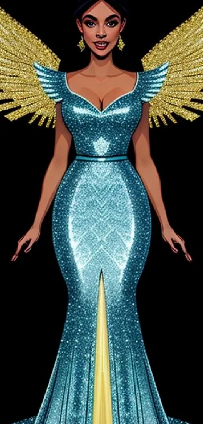 Illustration of an elegant angel in a blue glittering dress with golden wings.