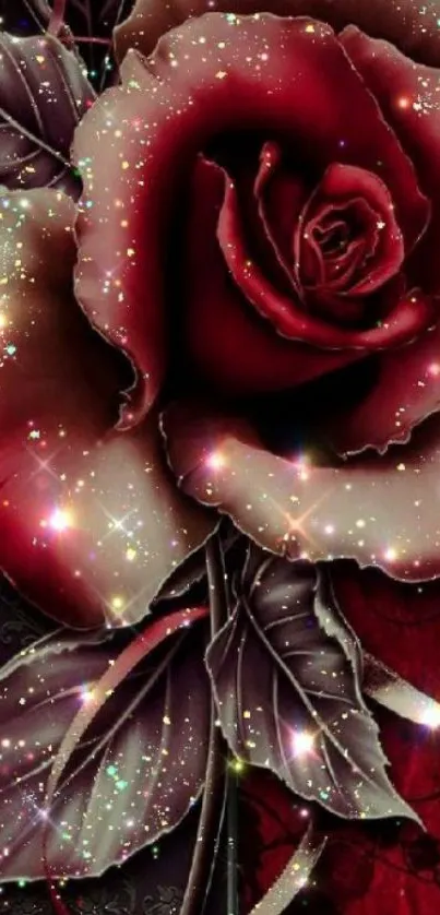 A glittery red rose on a dark, elegant background.