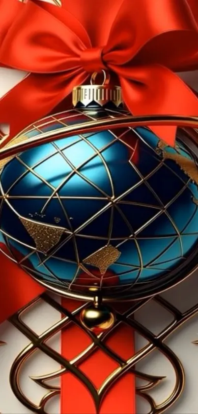 Golden globe with red ribbon and stars design wallpaper.