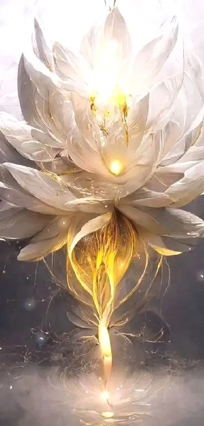 Elegant glowing lotus on misty background with golden accents.