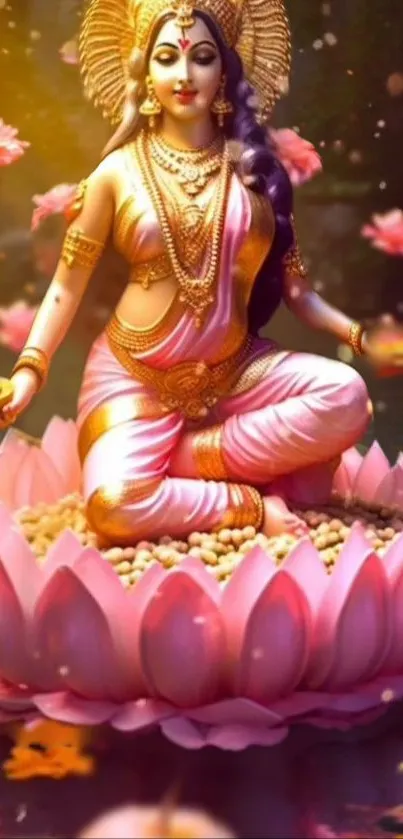 Goddess sitting on pink lotus with golden aura