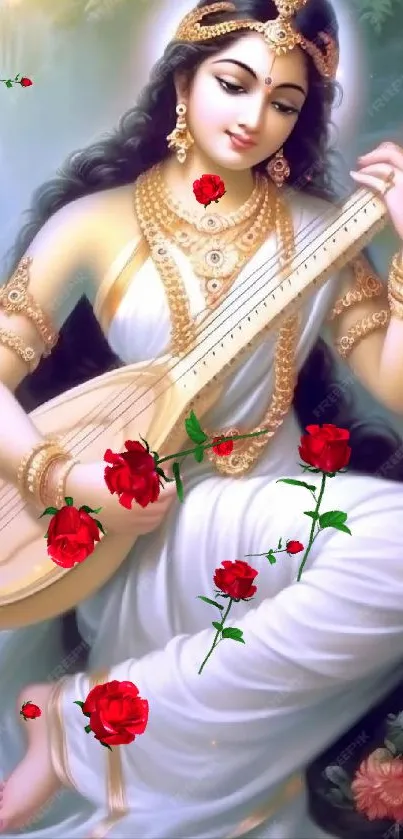 Goddess playing veena with roses around.