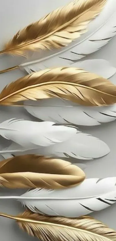 Elegant mobile wallpaper with gold and white feathers on a grey background.