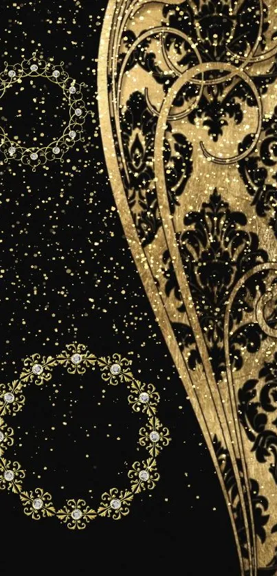 Elegant gold and black wallpaper with floral patterns and glitter.