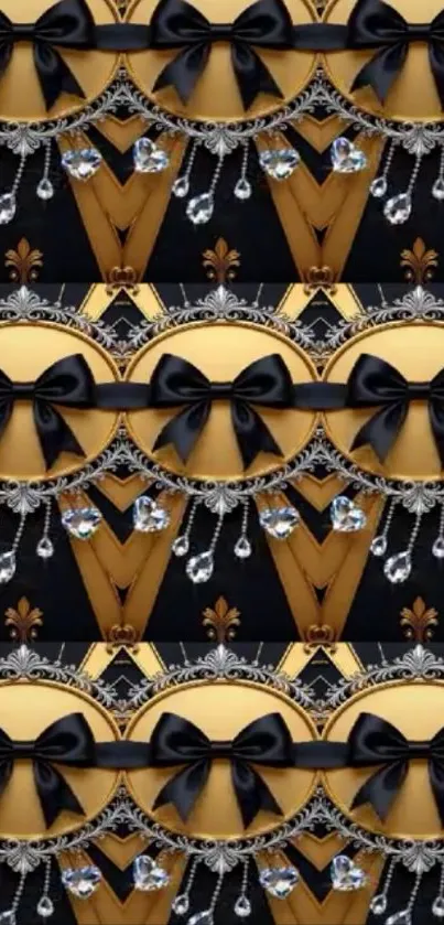 Gold and black ornate wallpaper with bows.