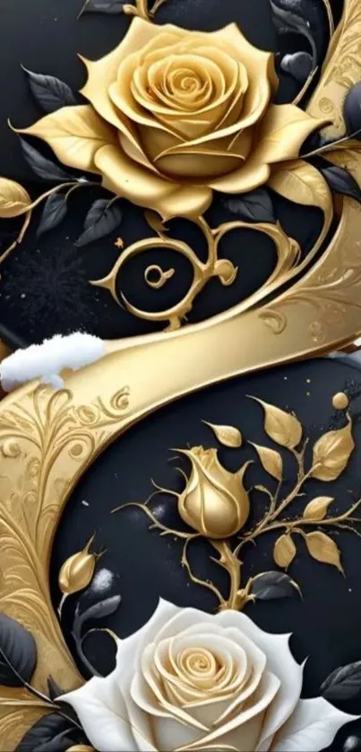 Gold and black floral wallpaper with elegant roses
