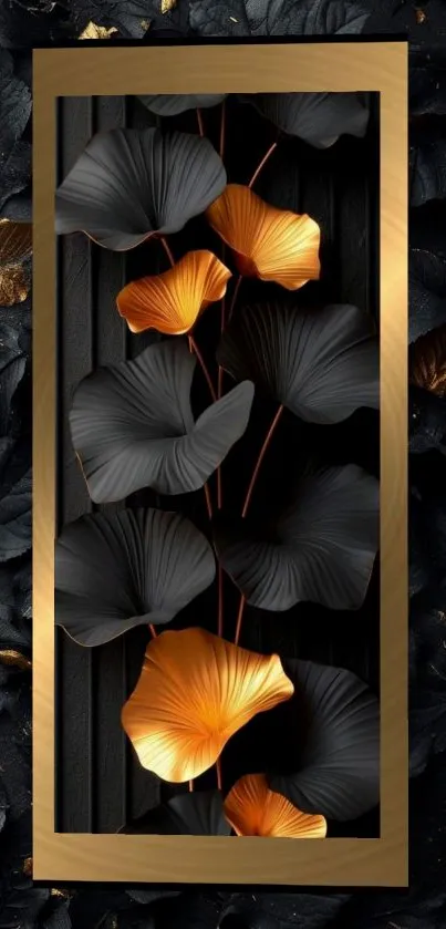 Elegant gold and black leaf patterned mobile wallpaper.