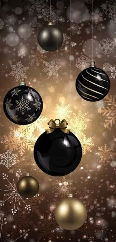 Gold and black ornaments with snowflake designs on elegant mobile wallpaper.