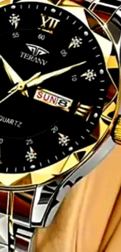 Elegant gold and black wristwatch with date display.