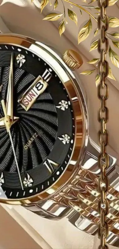 Elegant gold and black wristwatch close-up on display.