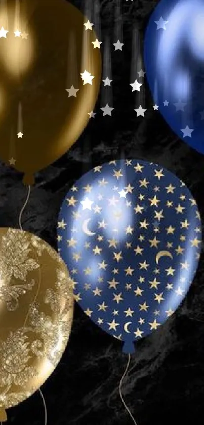 Festive gold and blue balloons on a dark background wallpaper.