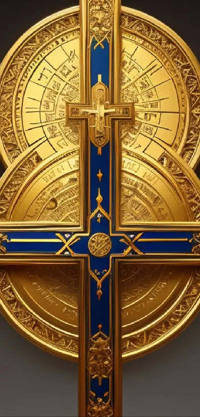 Gold and blue cross mobile wallpaper with intricate design.