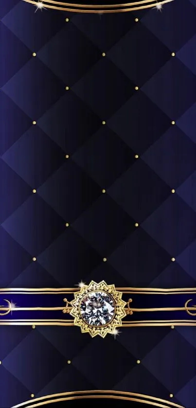 Luxurious blue and gold wallpaper with diamond accent.