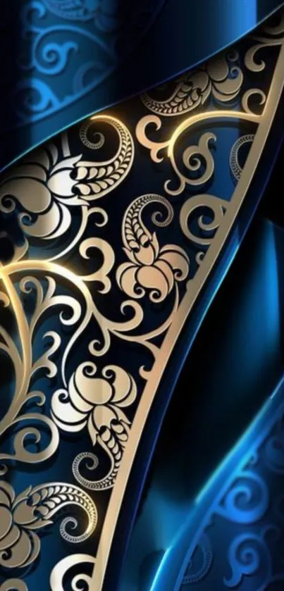 Elegant wallpaper with gold and blue floral patterns.