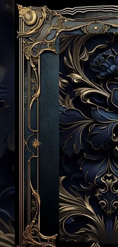 Elegant gold and navy blue floral wallpaper design.