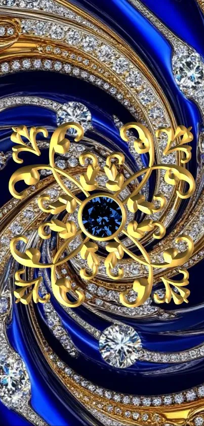 Gold and diamond swirl on blue background