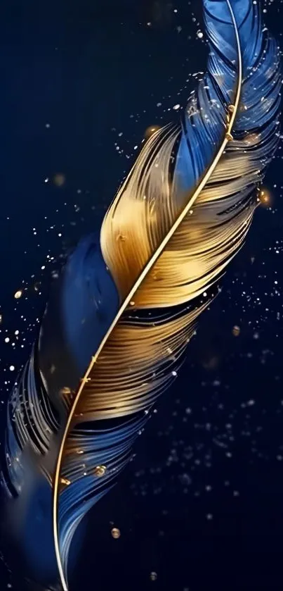 Elegant gold and blue feather with sparkles on a dark background.