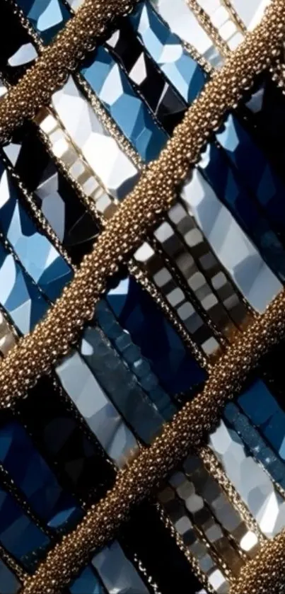 Elegant gold and blue patterned wallpaper with a luxurious look.