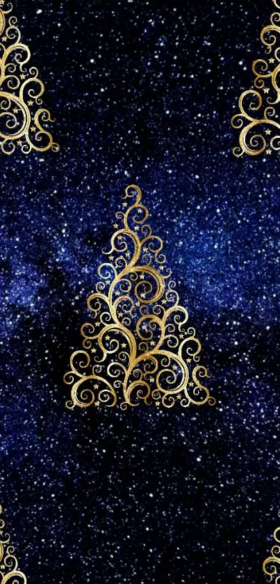 Gold filigree patterns on a starry blue night mobile wallpaper.