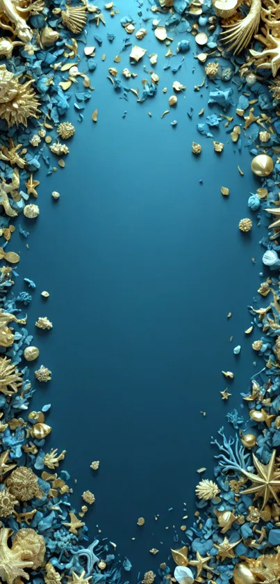 Elegant gold and blue phone wallpaper with sea ornaments.