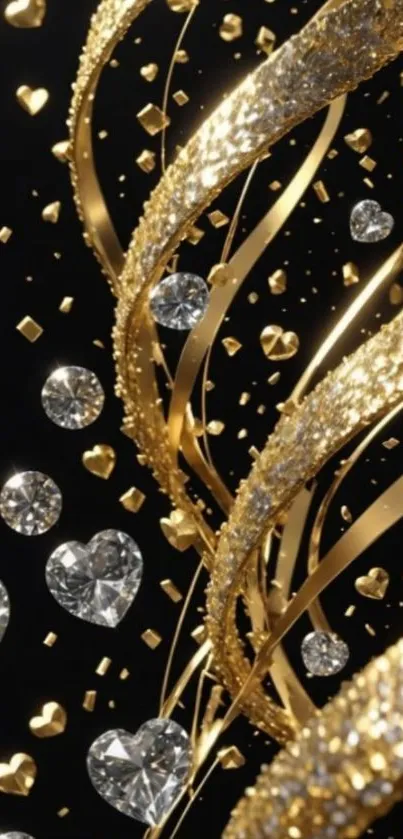 Elegant gold and diamond swirls on black background.