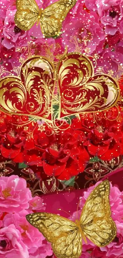 Gold butterflies with floral heart design on vibrant red and pink background.