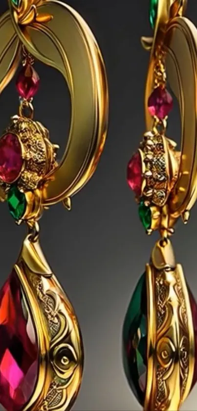 Ornate gold earrings with red and green gemstones on display.