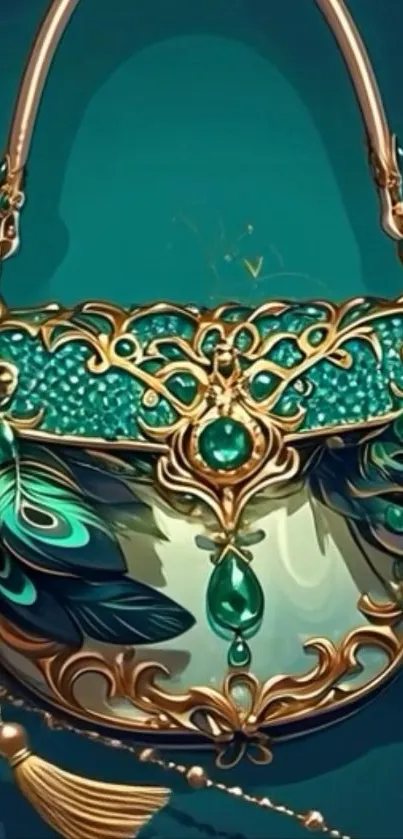 Elegant golden and green bag with feather details wallpaper.