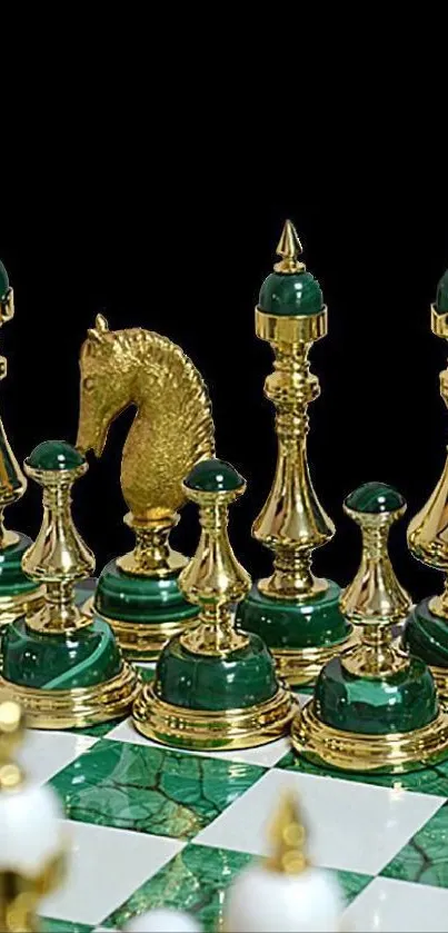 Luxurious gold and green chess set mobile wallpaper.