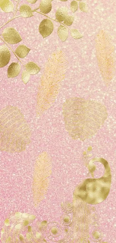 Elegant gold and pink wallpaper with peacock design and glitter effect.