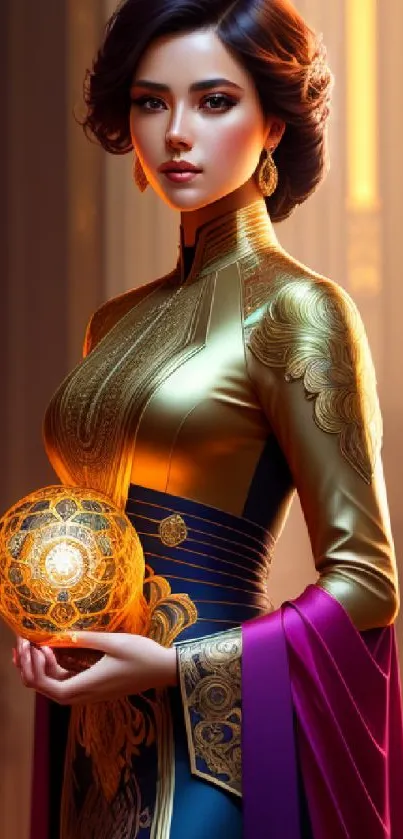 Elegant figure in gold and purple with a glowing orb, against intricate background.